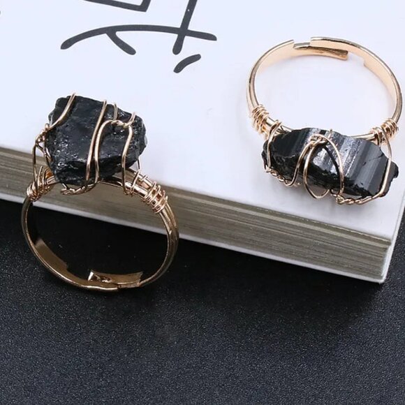 3/$35 Gold Plated Wire Wrapped Black Tourmaline Natural Stone Open Ring - Picture 6 of 6
